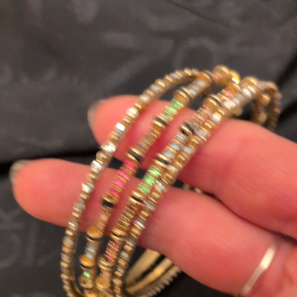 Source Unknown Gold Bangles with Green and Pink Accents - Picture 2 of 4